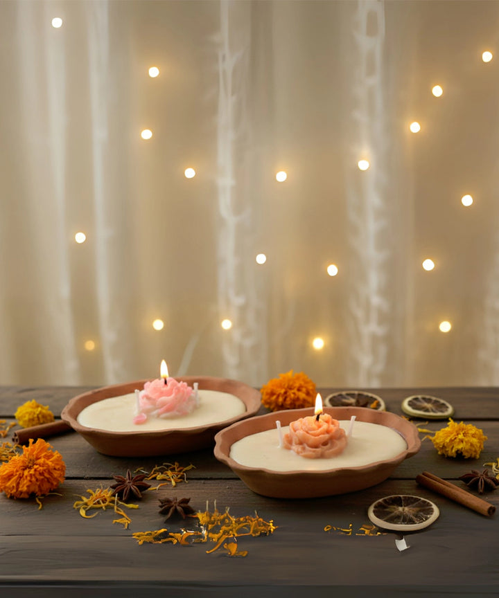 Set of 2 pcs Terracotta Floral Bowl Soy Wax Candle | 12-15 Burning Hours