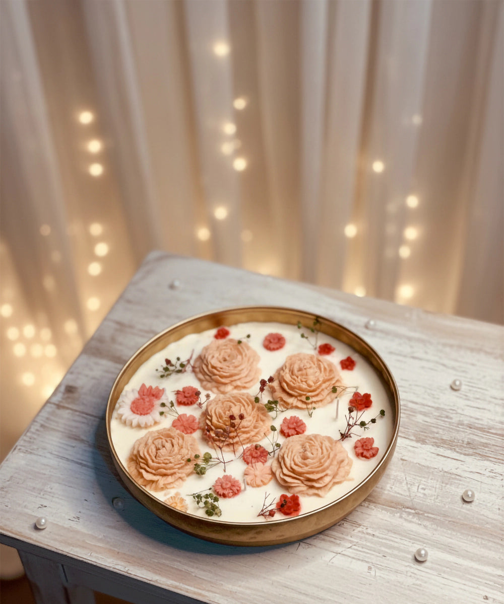 Jumbo Serene Floral Brass Urli Soy Wax Candle | Jasmine Fragrance | 100 Burning Hours