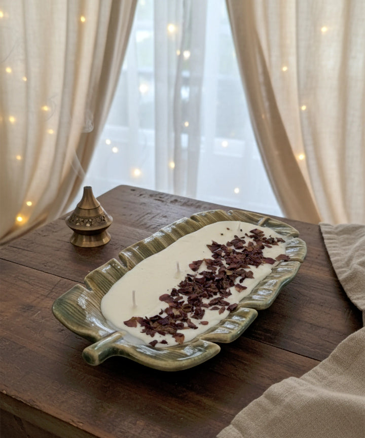 Ceramic Leaf Platter Jasmine Soy Wax Candle | 20 Burning Hours