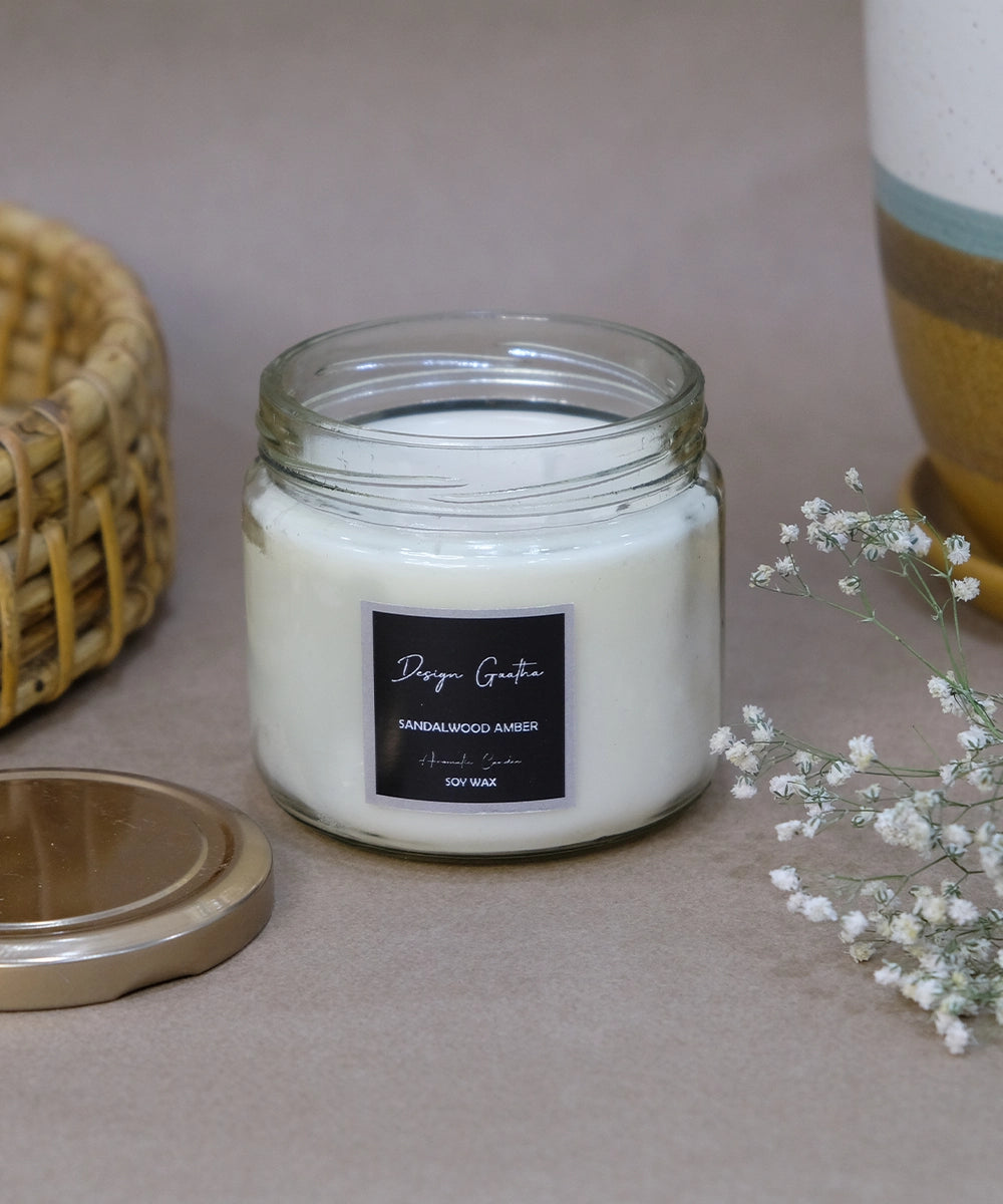 Sandalwood Amber Salsa Jar Soy Wax Candle (250 gms with 35 hrs of burning time)
