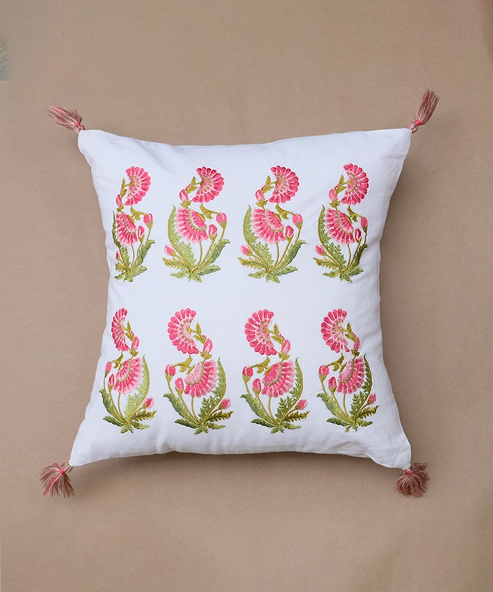 Zehrat Rose Pink Embroidered Off White Cushion Cover (16"x16")