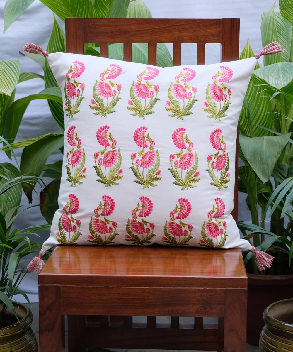 Zehrat Rose Pink Embroidered Cream Cushion Cover (20"x20")