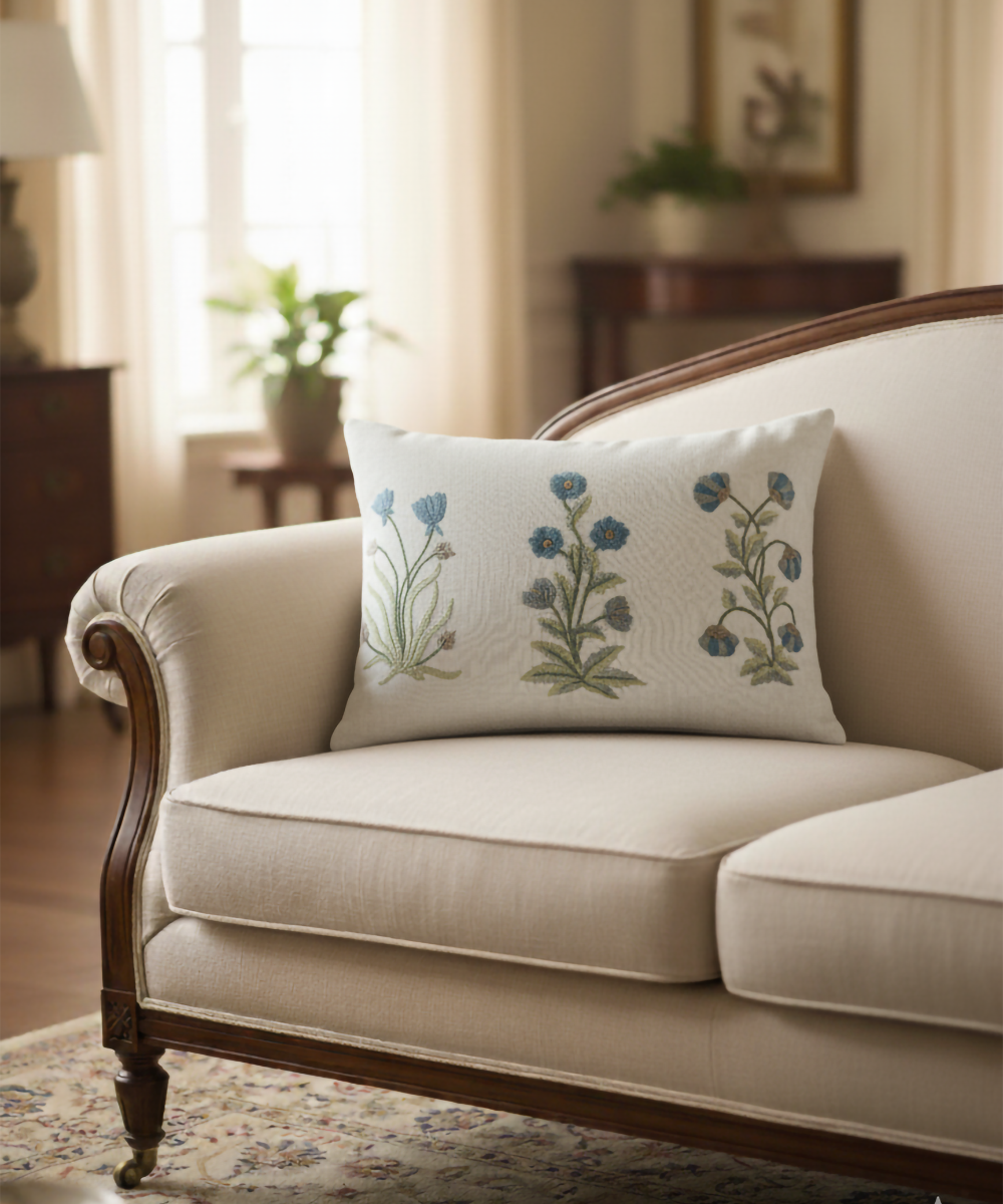 Off White & Blue Floral Hand Embroidered Cushion Cover (12x18 Inches)
