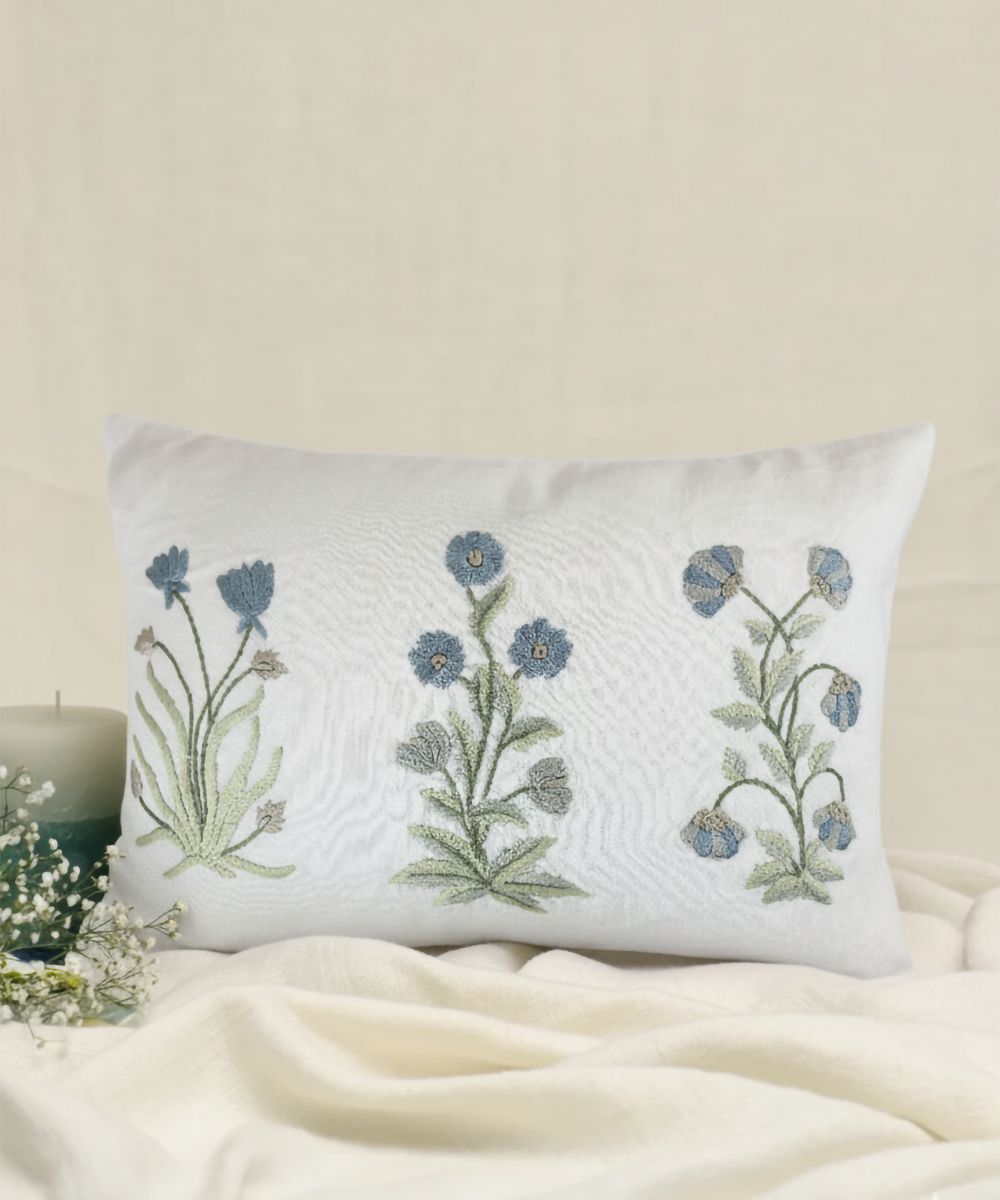 Off White & Blue Floral Hand Embroidered Cushion Cover (12x18 Inches)