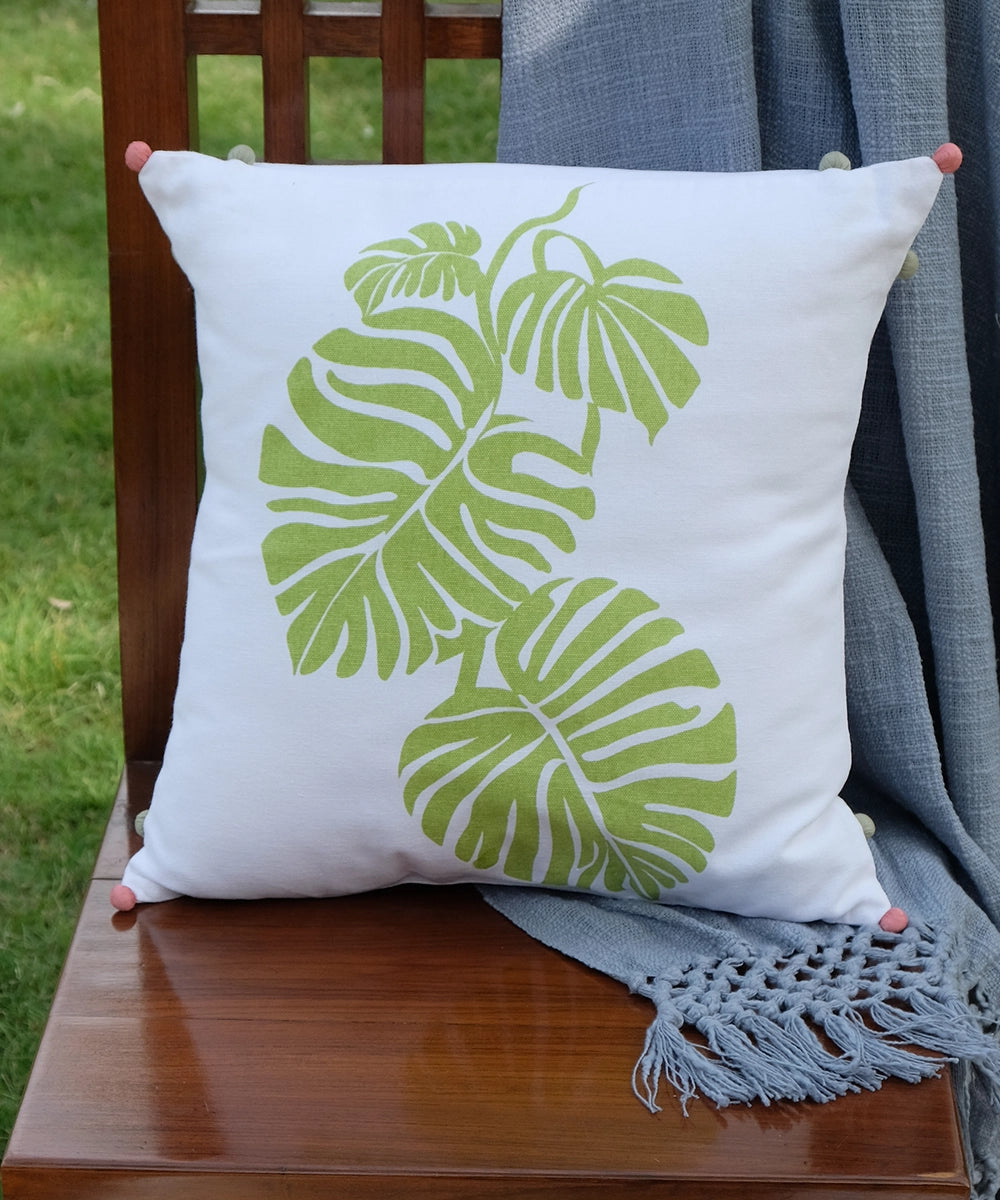 Cream Tropical Leaf Printed Cotton Cushion Cover (16"x16")