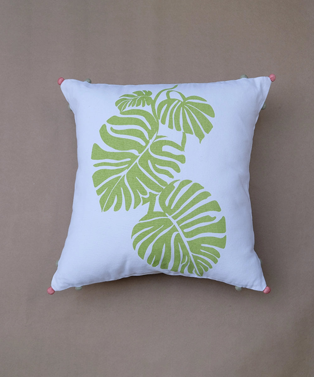 Cream Tropical Leaf Printed Cotton Cushion Cover (16"x16")