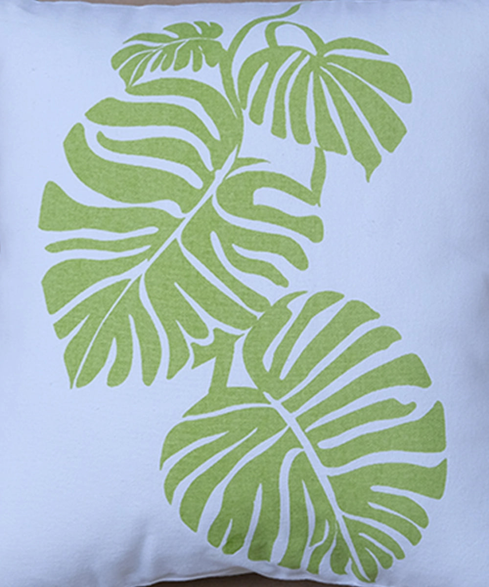 Cream Tropical Leaf Printed Cotton Cushion Cover (16"x16")