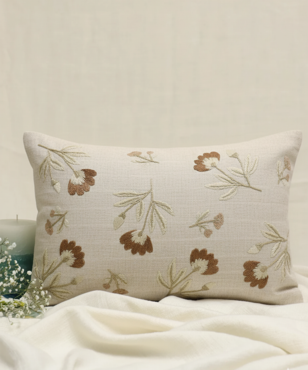 Light Beige & Brown Floral Whisper Hand Embroidered Cushion Cover (12x18 Inches)