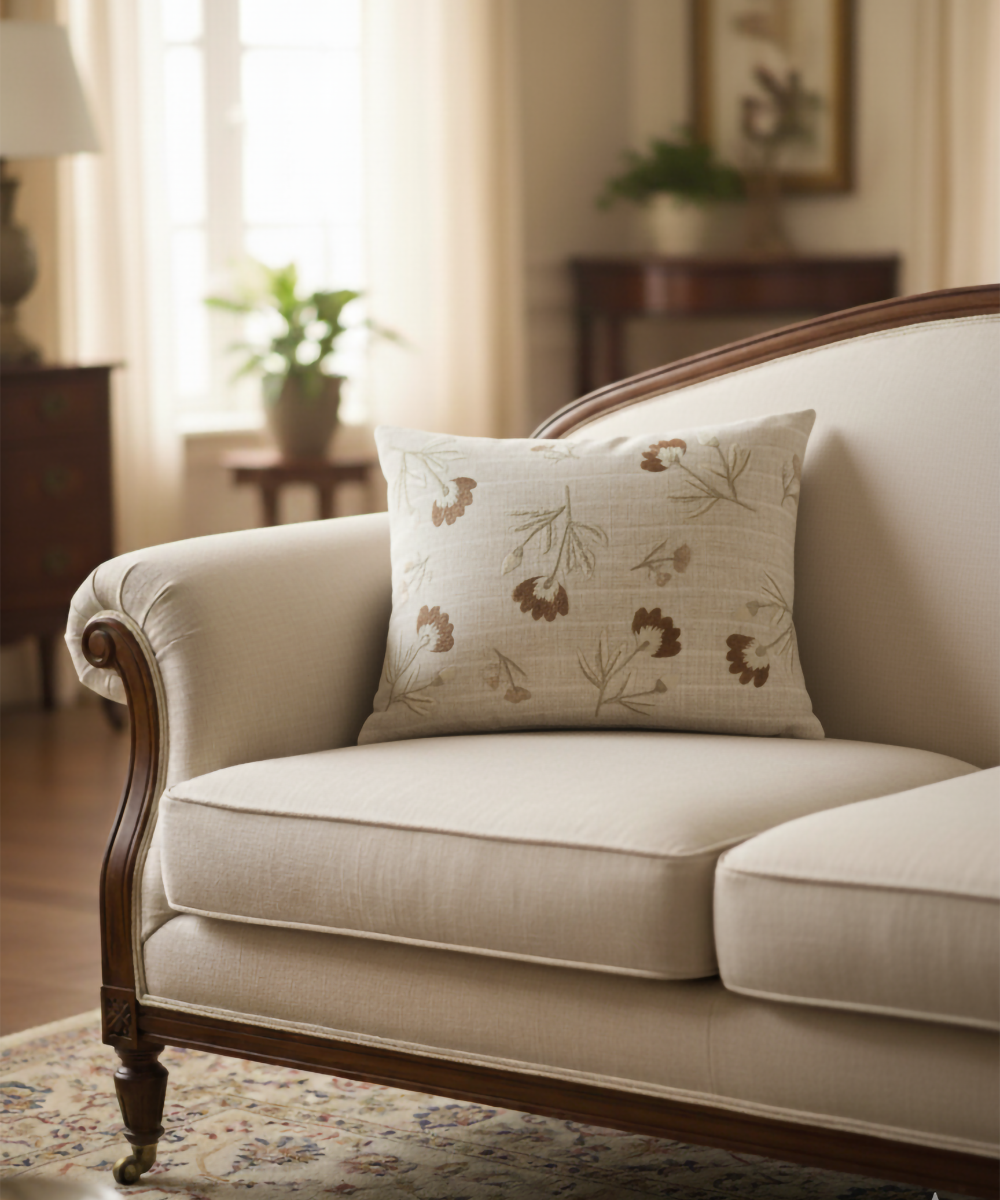 Light Beige & Brown Floral Whisper Hand Embroidered Cushion Cover (12x18 Inches)