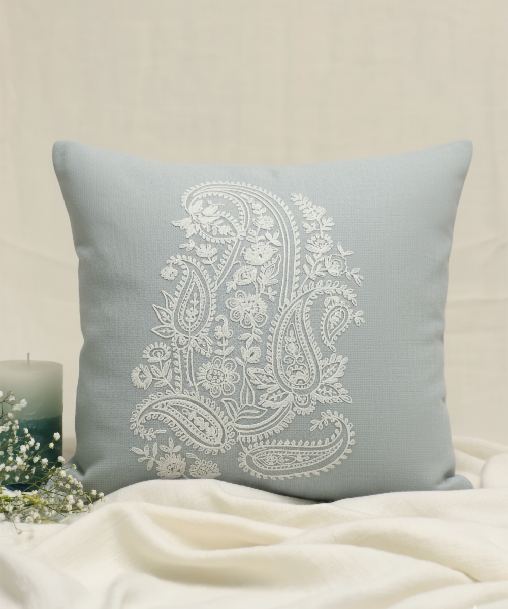 Powder Blue Paisley Dori Embroidered Cushion Cover (16x16 Inches)