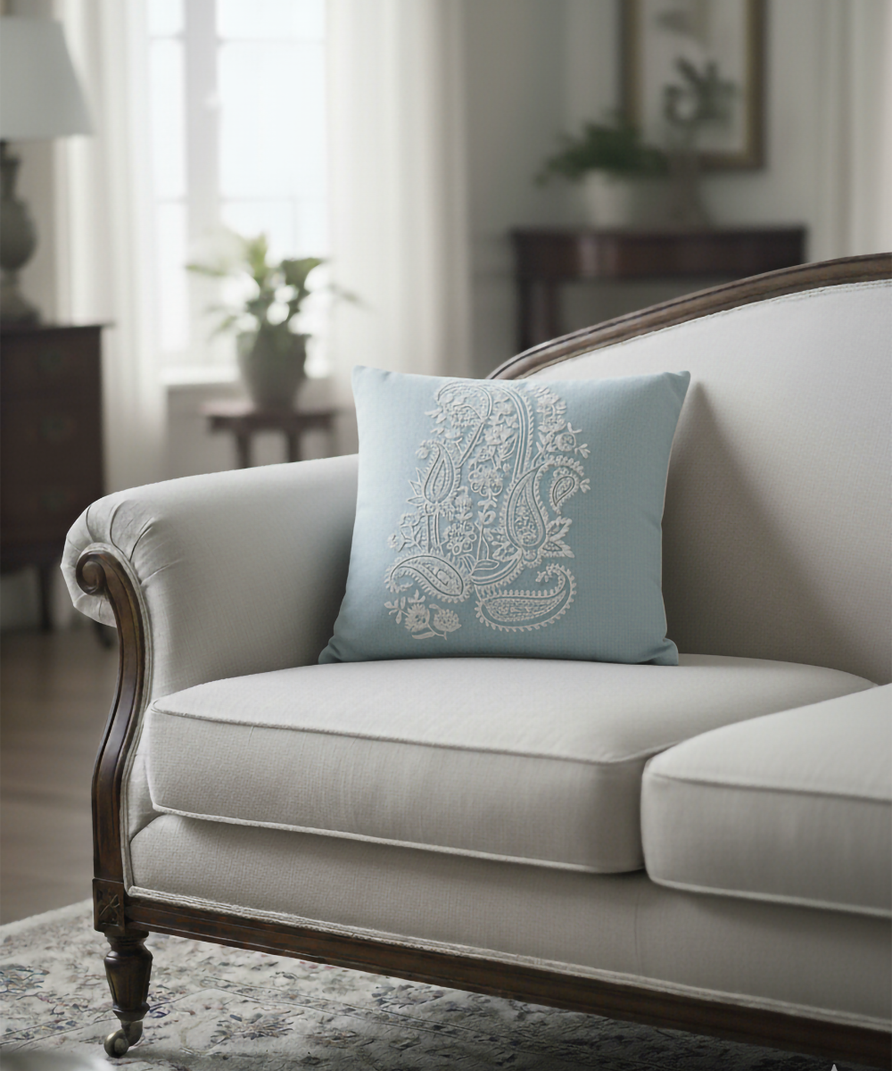 Powder Blue Paisley Dori Embroidered Cushion Cover (16x16 Inches)