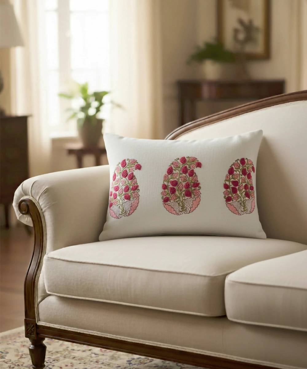 Off White & Pink Block Printed with Hand Embroidery Pure Linen Cushion Cover (12x18 In)