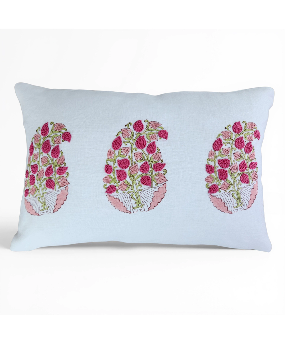 Off White & Pink Block Printed with Hand Embroidery Pure Linen Cushion Cover (12x18 In)