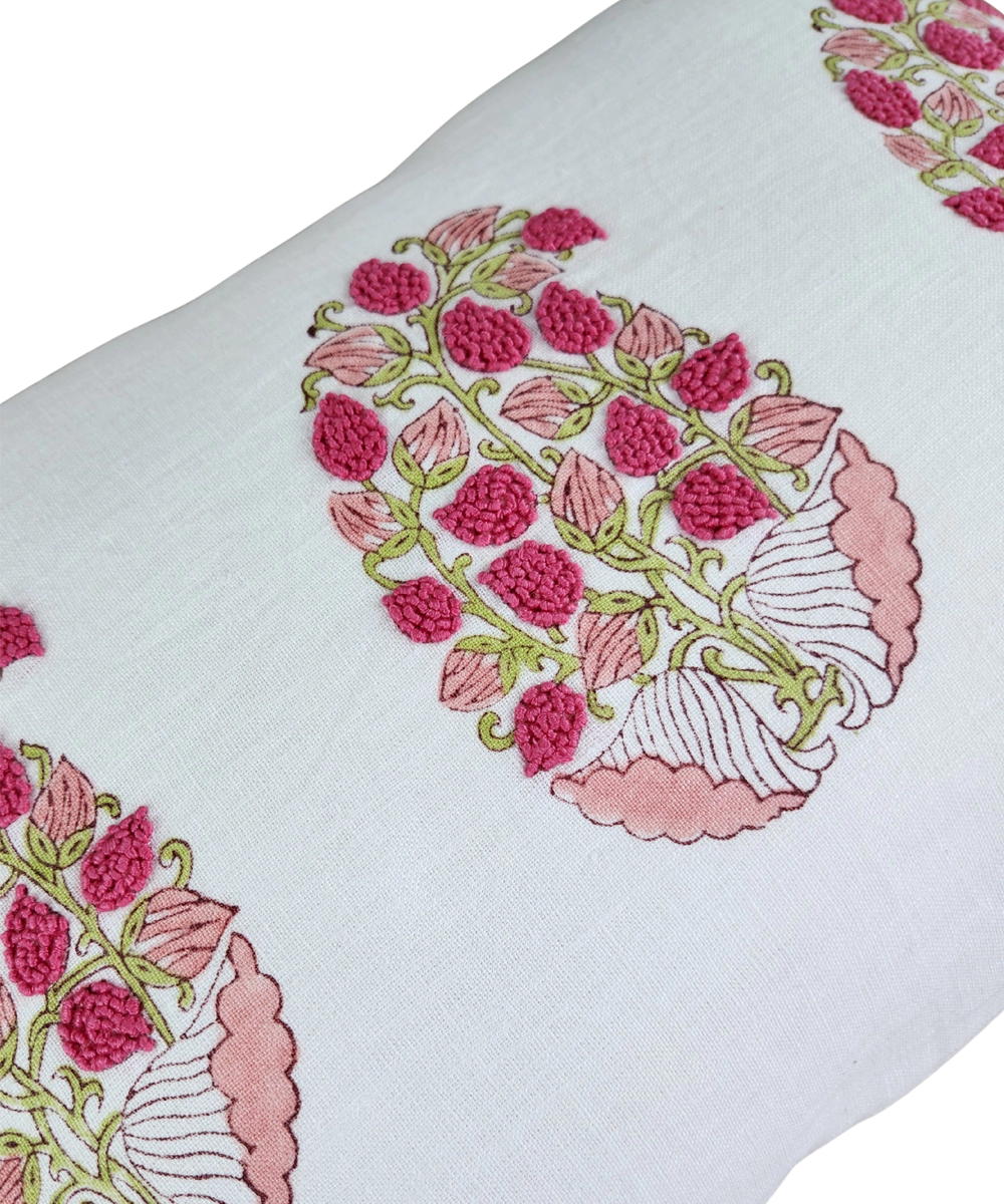 Off White & Pink Block Printed with Hand Embroidery Pure Linen Cushion Cover (12x18 In)