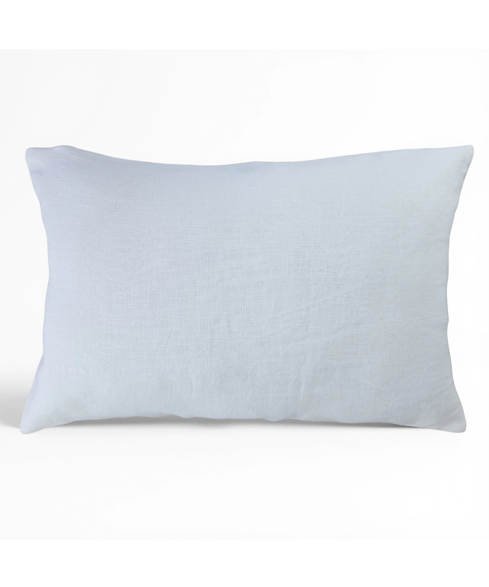 Off White & Pink Block Printed with Hand Embroidery Pure Linen Cushion Cover (12x18 In)