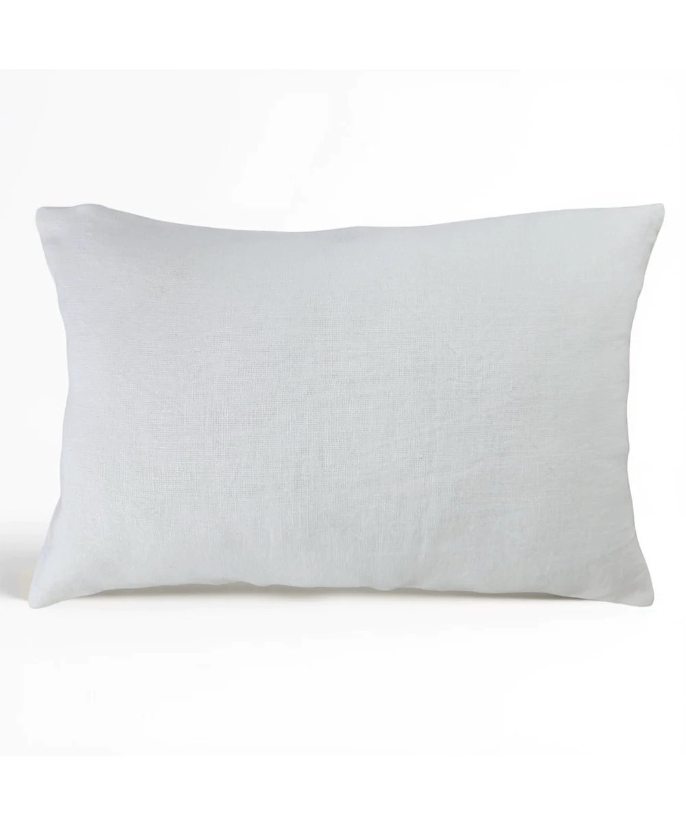 Off White & Pink Block Printed with Hand Embroidery Pure Linen Cushion Cover (12x18 In)