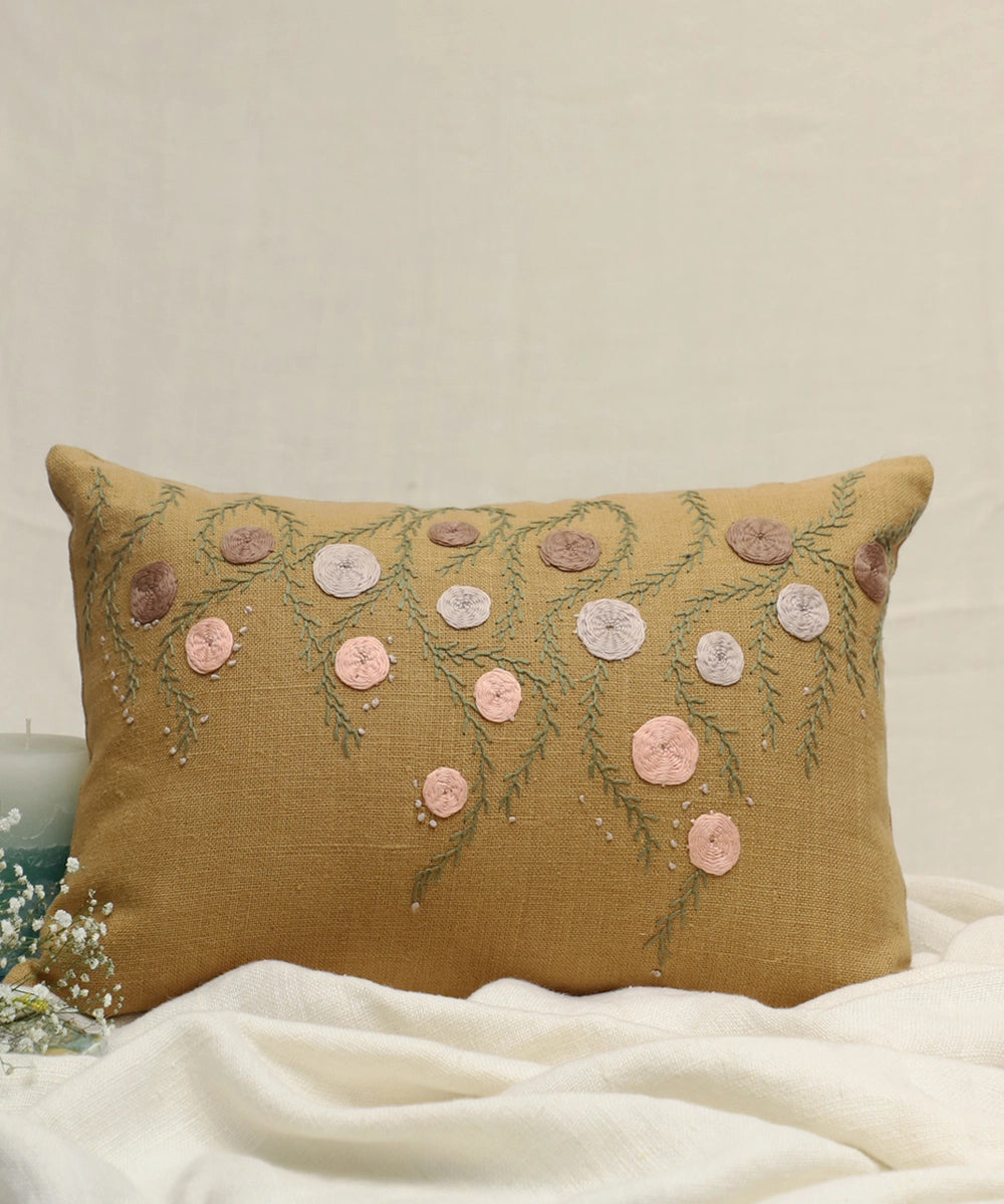 Mustard Olive Hand Embroidered Pure Linen Rectangular Cushion Cover | 12" x 18" | Zipper Closure