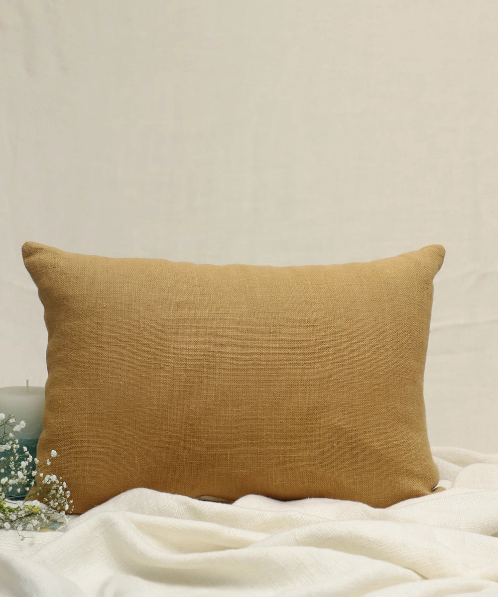 Mustard Olive Hand Embroidered Pure Linen Rectangular Cushion Cover | 12" x 18" | Zipper Closure