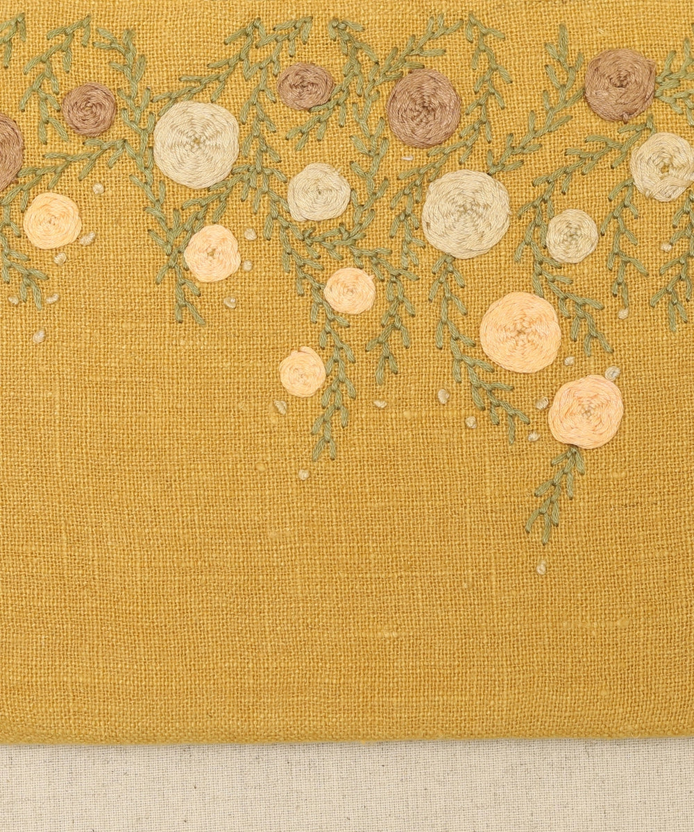 Mustard Olive Hand Embroidered Pure Linen Rectangular Cushion Cover | 12" x 18" | Zipper Closure