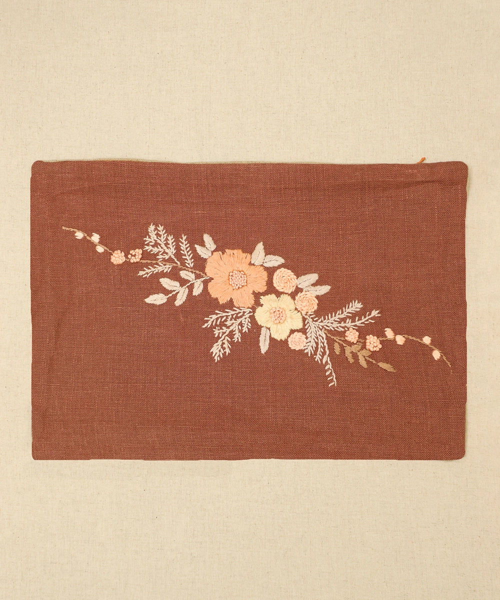 Brown Hand Embroidered Pure Linen Rectangular Cushion Cover | 12" x 18" | Zipper Closure