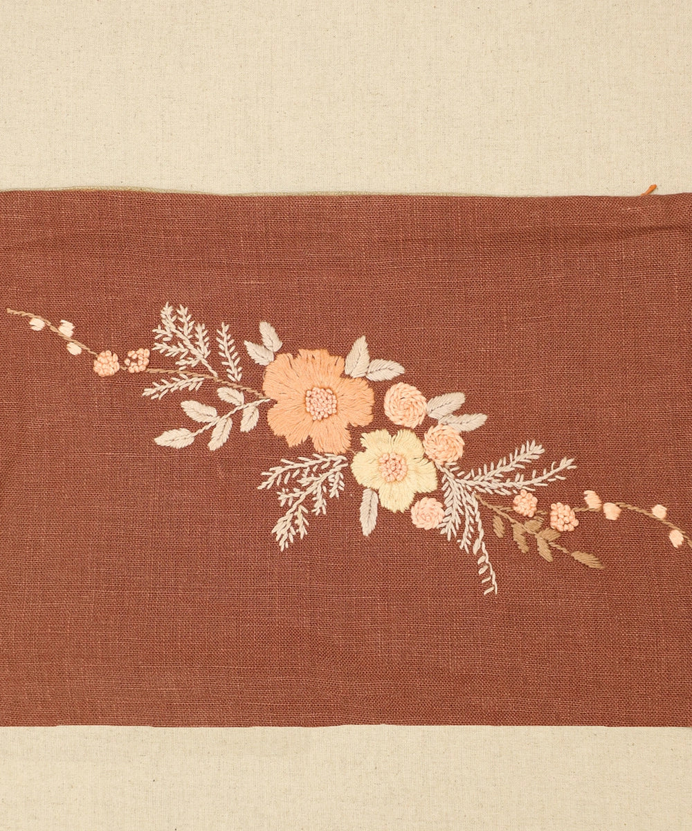 Brown Hand Embroidered Pure Linen Rectangular Cushion Cover | 12" x 18" | Zipper Closure