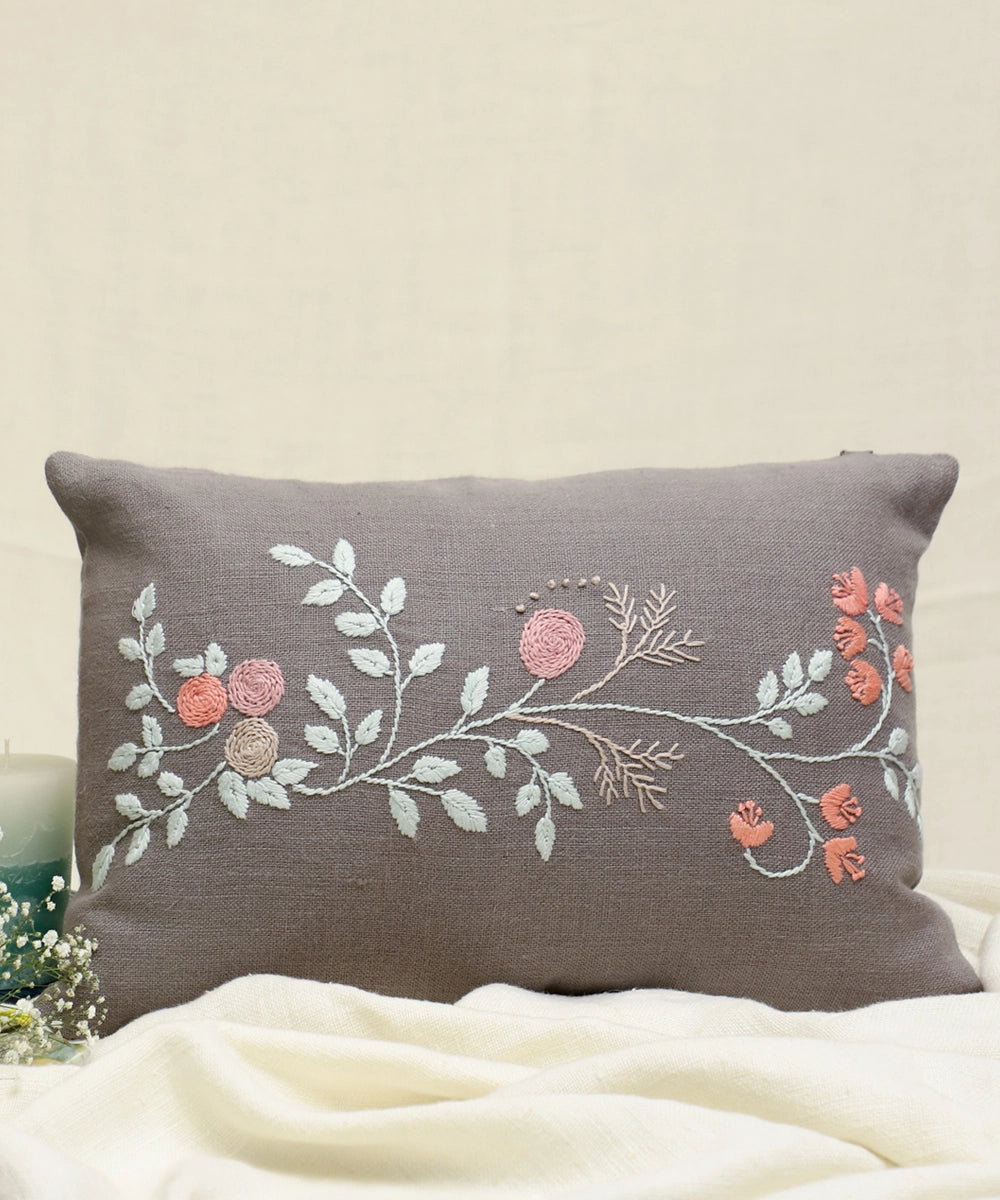 Grey Hand Embroidered Pure Linen Rectangular Cushion Cover | 12" x 18" | Zipper Closure