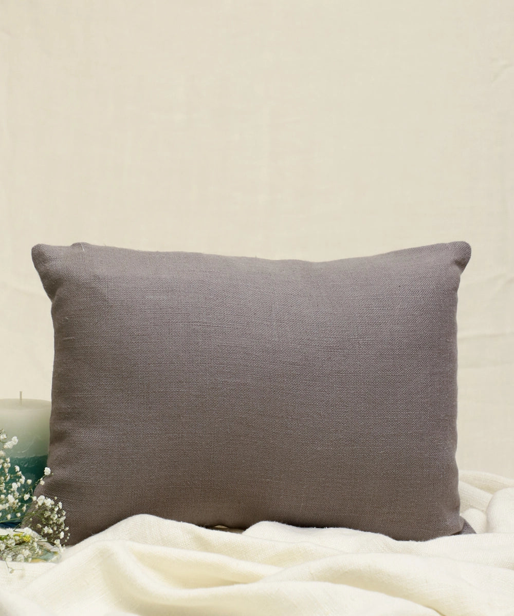 Grey Hand Embroidered Pure Linen Rectangular Cushion Cover | 12" x 18" | Zipper Closure