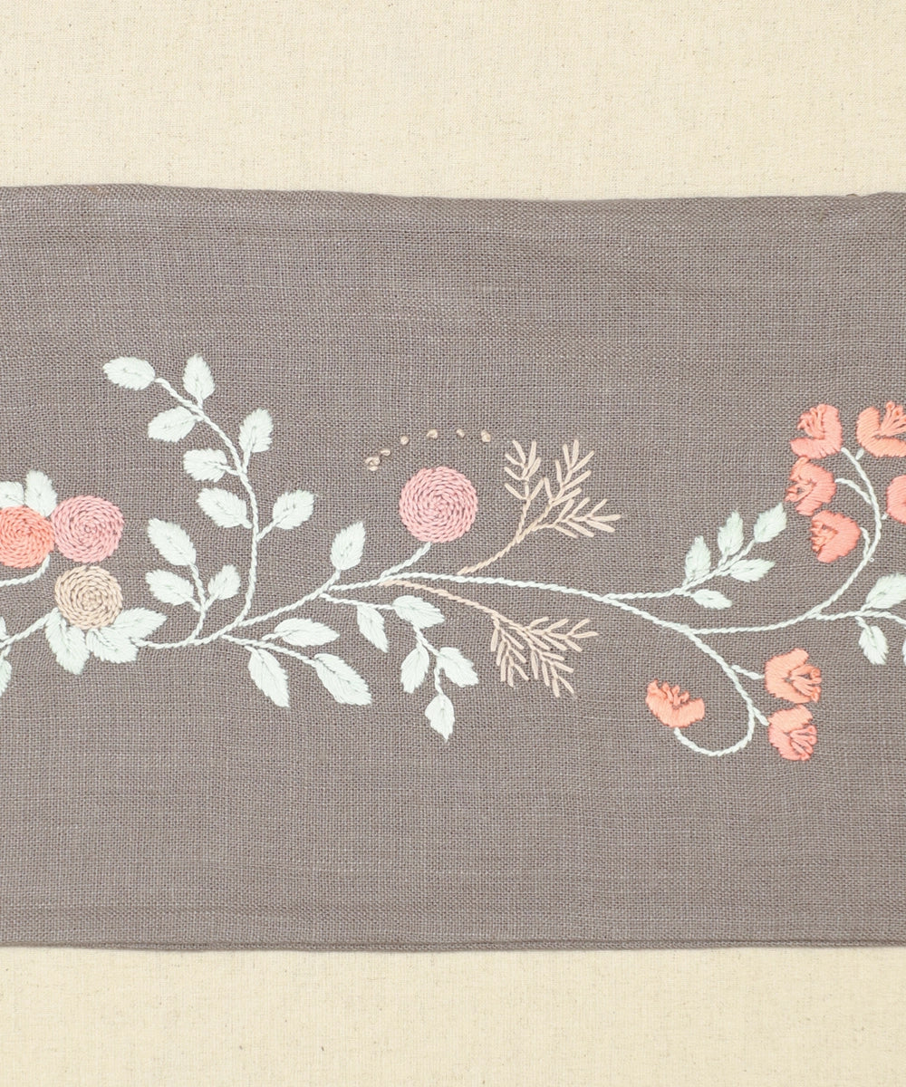 Grey Hand Embroidered Pure Linen Rectangular Cushion Cover | 12" x 18" | Zipper Closure