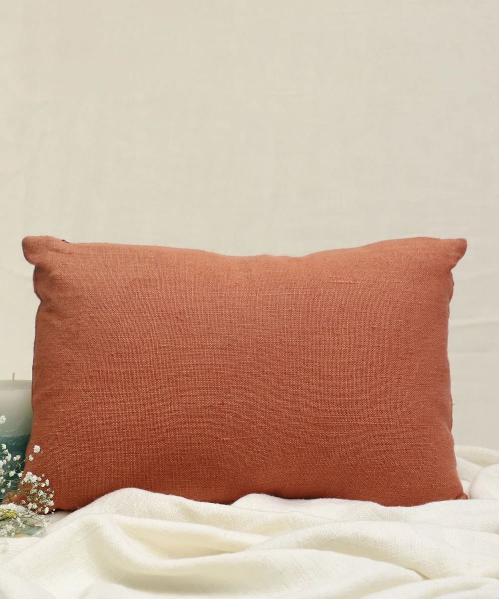 Rustic Brown Hand Embroidered Pure Linen Rectangular Cushion Cover | 12" x 18" | Zipper Closure
