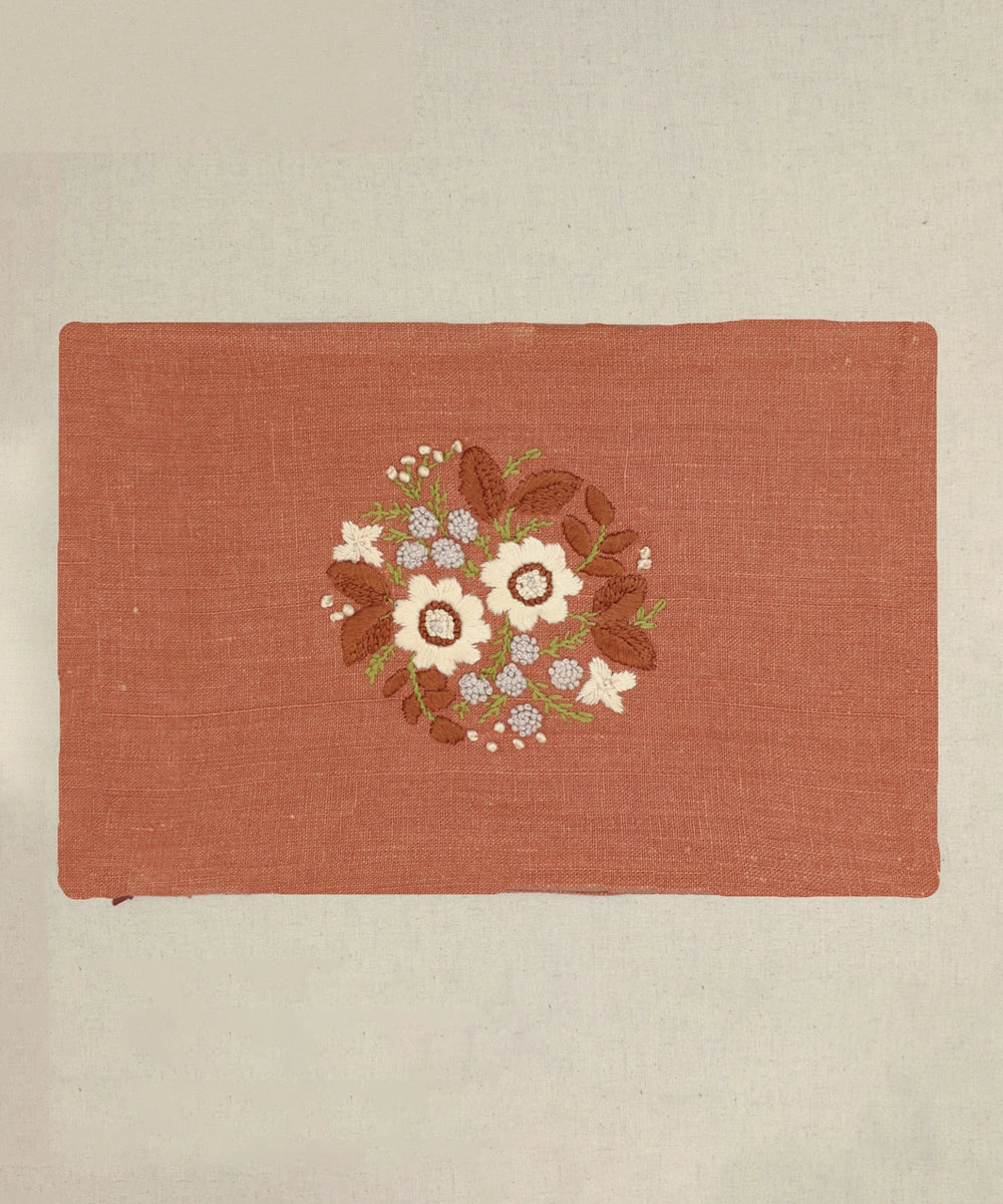 Rustic Brown Hand Embroidered Pure Linen Rectangular Cushion Cover | 12" x 18" | Zipper Closure