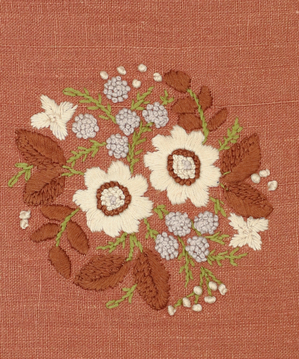 Rustic Brown Hand Embroidered Pure Linen Rectangular Cushion Cover | 12" x 18" | Zipper Closure