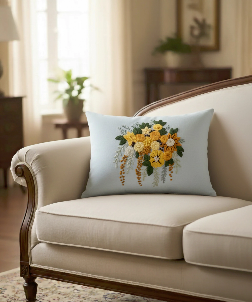 Off White & Yellow Hand Emb Pure Linen Cushion Cover (12x18 In)