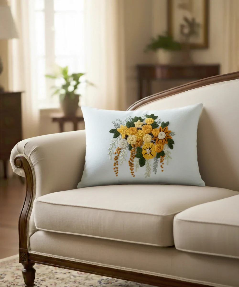 Off White & Yellow Hand Emb Pure Linen Cushion Cover (12x18 In)