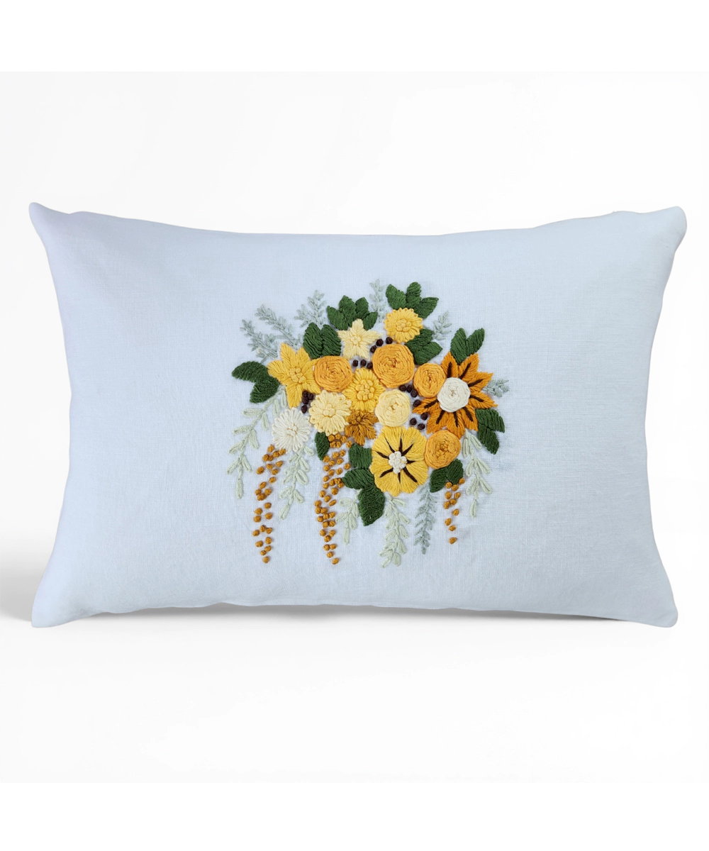 Off White & Yellow Hand Emb Pure Linen Cushion Cover (12x18 In)