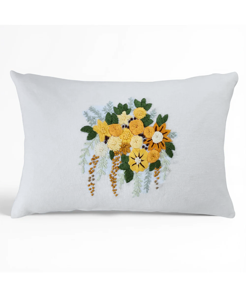 Off White & Yellow Hand Emb Pure Linen Cushion Cover (12x18 In)