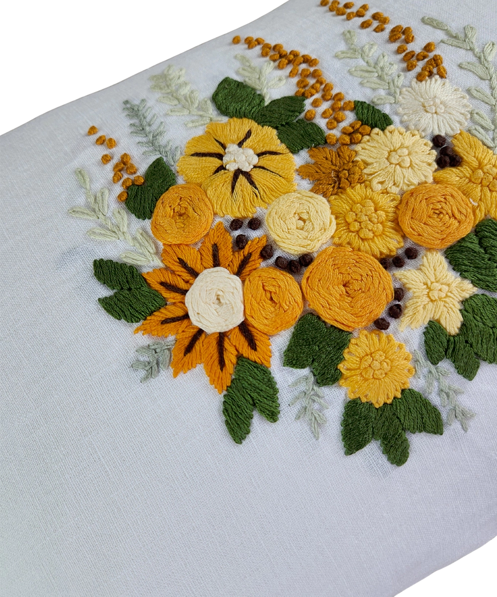 Off White & Yellow Hand Emb Pure Linen Cushion Cover (12x18 In)