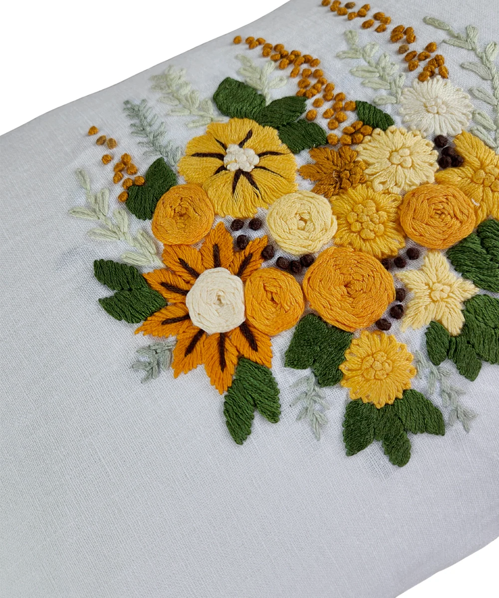 Off White & Yellow Hand Emb Pure Linen Cushion Cover (12x18 In)