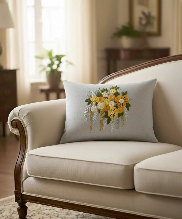 Natural Grey & Yellow Hand Emb Pure Linen Cushion Cover (12x18 In)