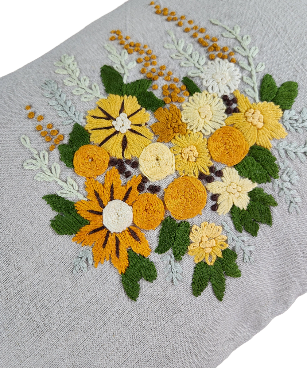 Natural Grey & Yellow Hand Emb Pure Linen Cushion Cover (12x18 In)