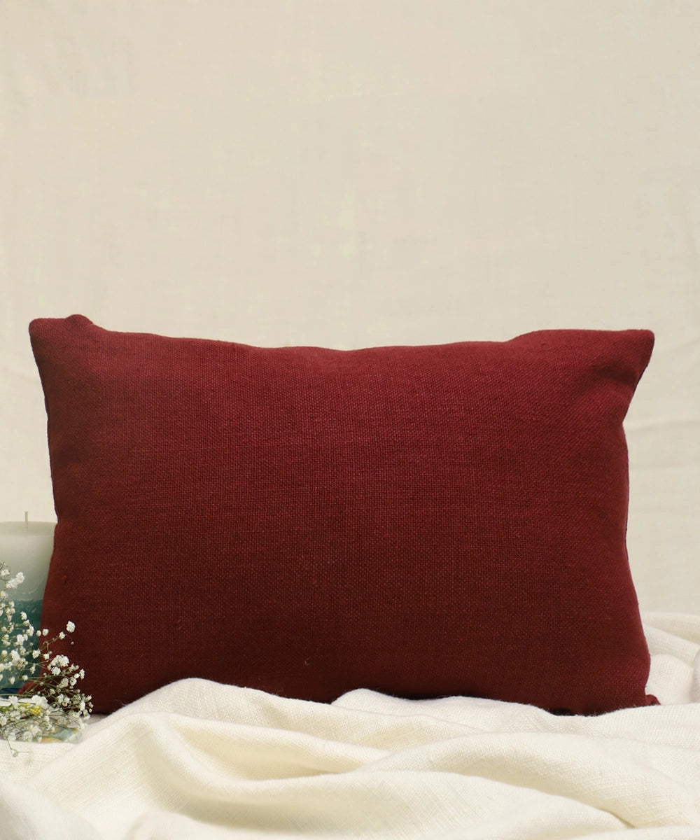 Plum Wine Brown Hand Embroidered Pure Linen Rectangular Cushion Cover | 12" x 18" | Zipper Closure