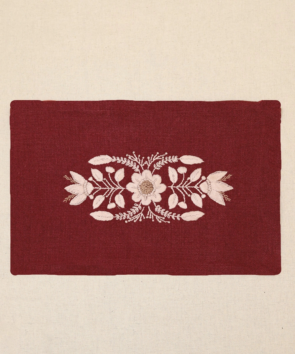 Plum Wine Brown Hand Embroidered Pure Linen Rectangular Cushion Cover | 12" x 18" | Zipper Closure
