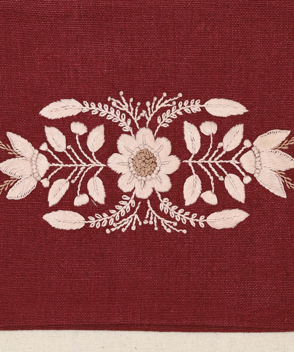 Plum Wine Brown Hand Embroidered Pure Linen Rectangular Cushion Cover | 12" x 18" | Zipper Closure