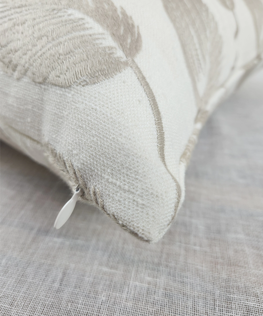 Cream & Beige Leaf All over Embroidered Cotton Cushion Cover (16x16 Inches)