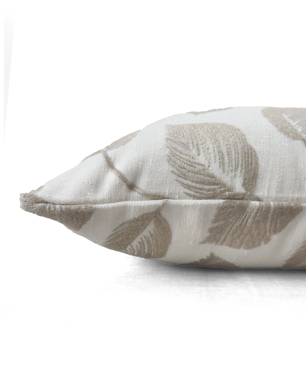 Cream & Beige Leaf All over Embroidered Cotton Cushion Cover (16x16 Inches)