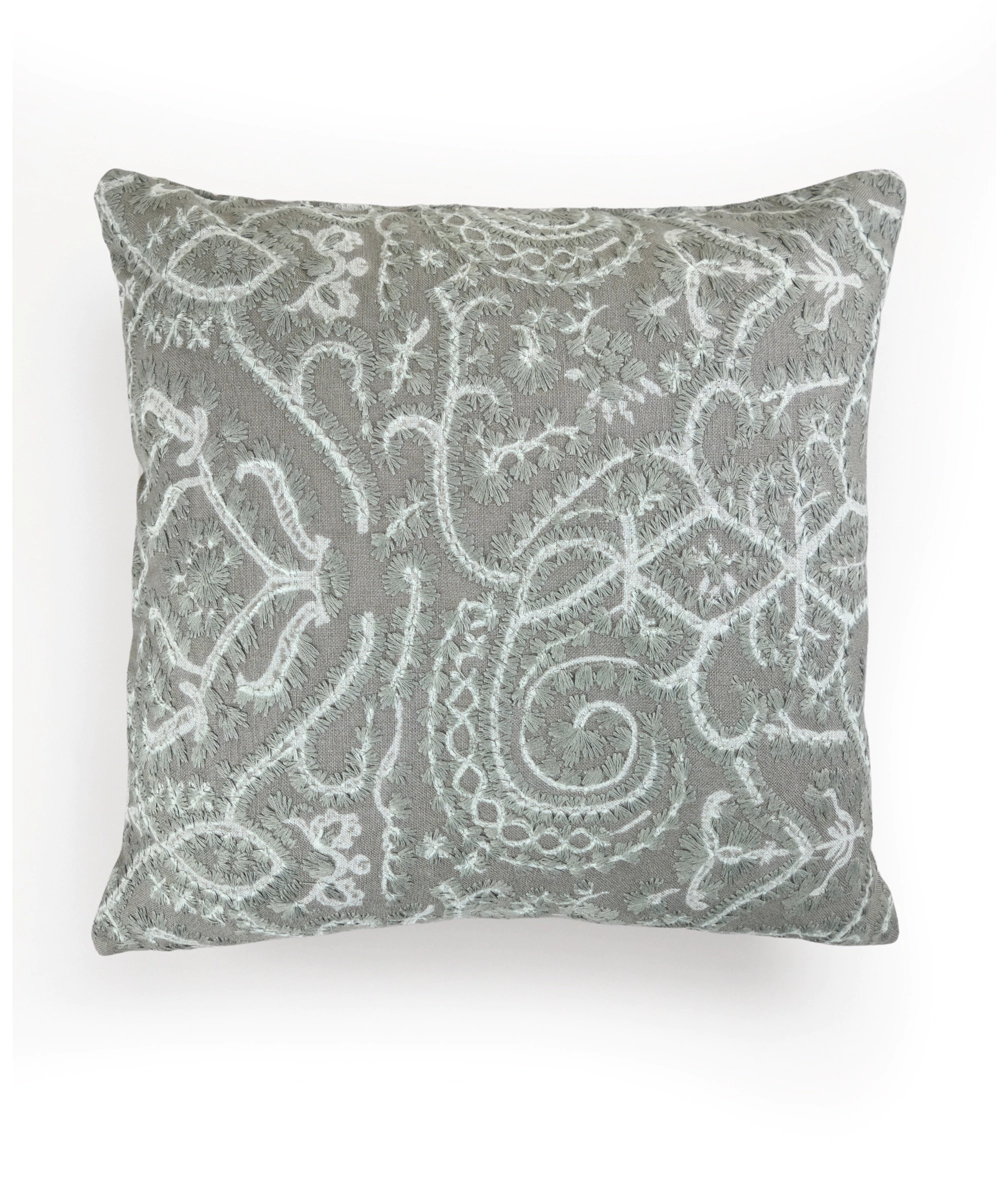 Greyish Green All Over Embroidered Cushion Cover (16x16 Inches)