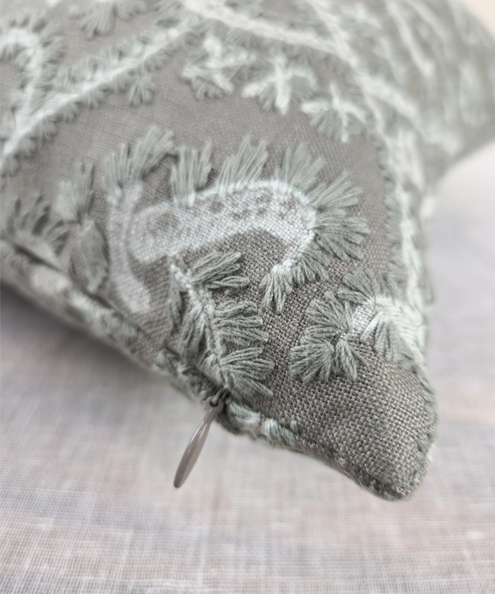 Greyish Green All Over Embroidered Cushion Cover (16x16 Inches)