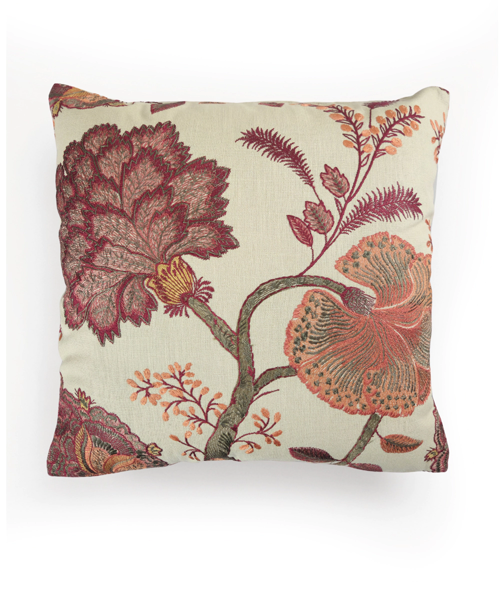 Beige Maroon Floral All over Embroidered Cushion Cover  (16x16 Inches)