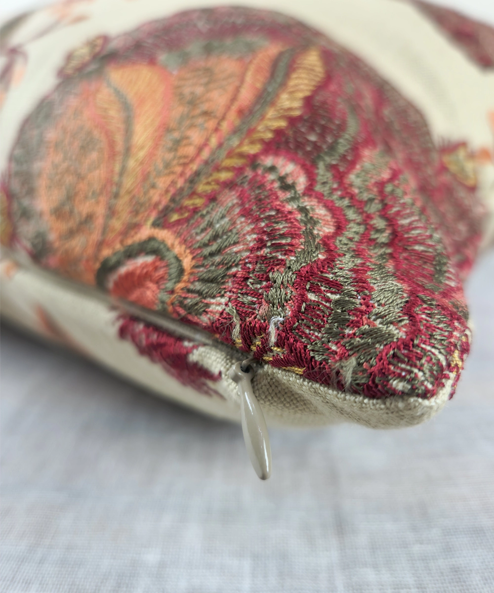 Beige Maroon Floral All over Embroidered Cushion Cover  (16x16 Inches)