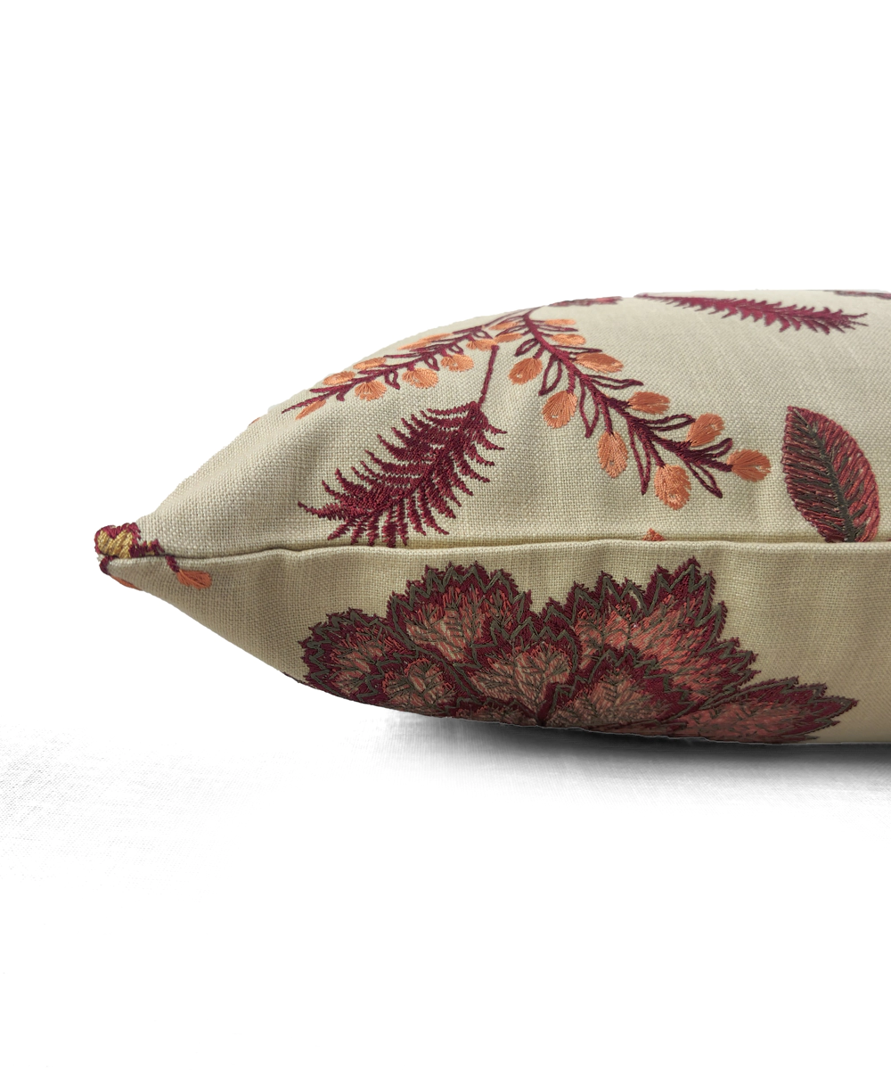Beige Maroon Floral All over Embroidered Cushion Cover  (16x16 Inches)
