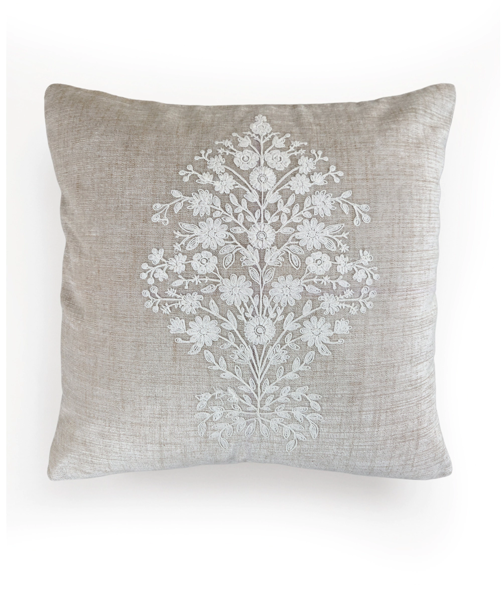 Beige with Ecru Floral Dori Embroidered Cushion Cover  (16x16 Inches)